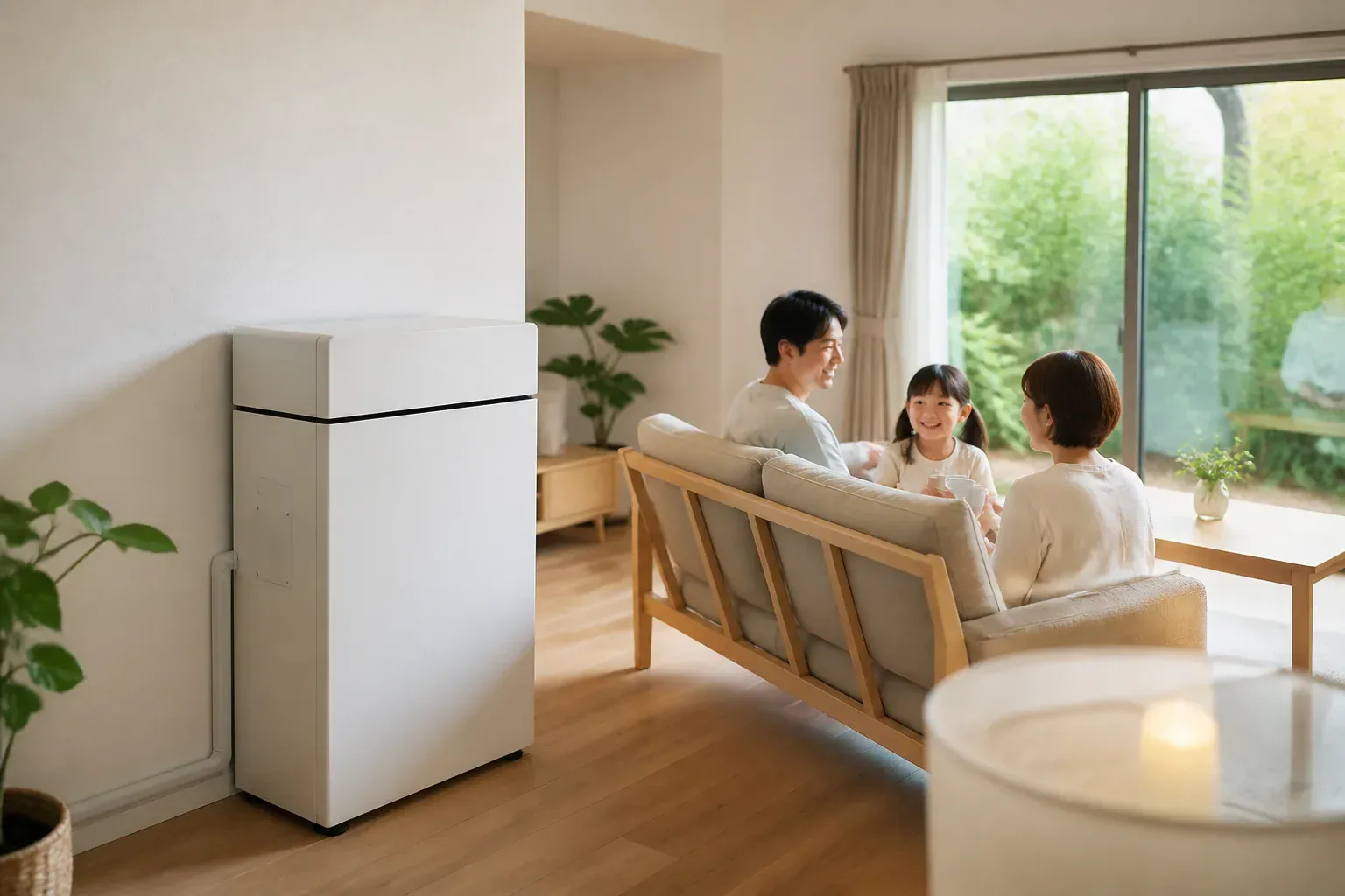 家庭用蓄電池が設置されたリビングのイメージ