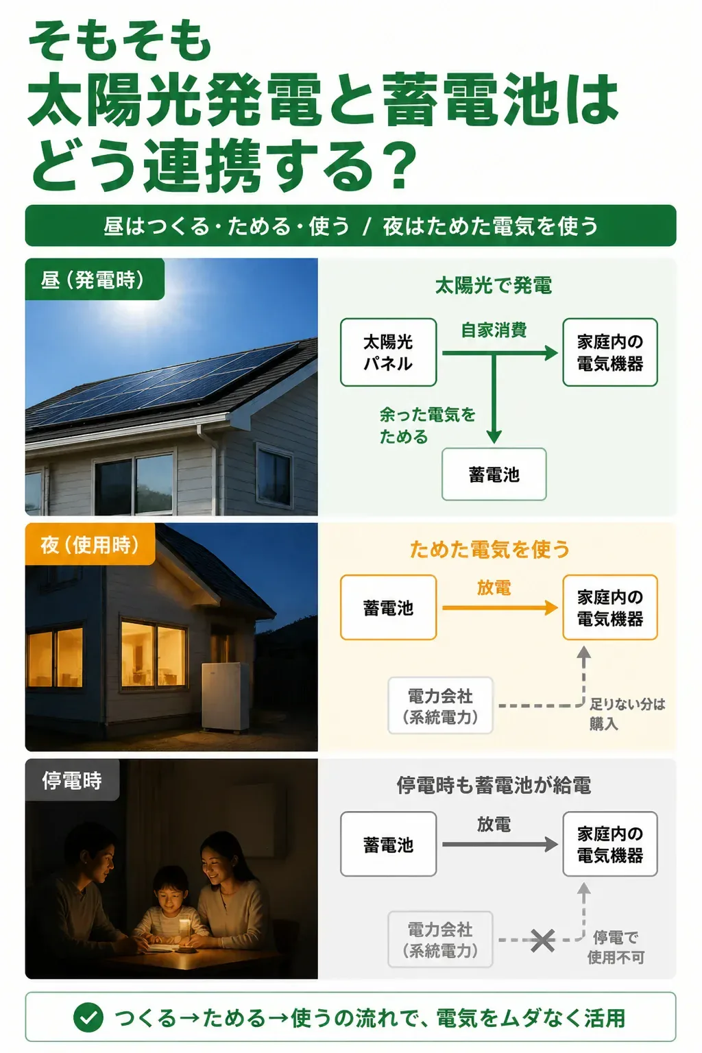 太陽光発電と蓄電池の1日の電気の流れを示す図解